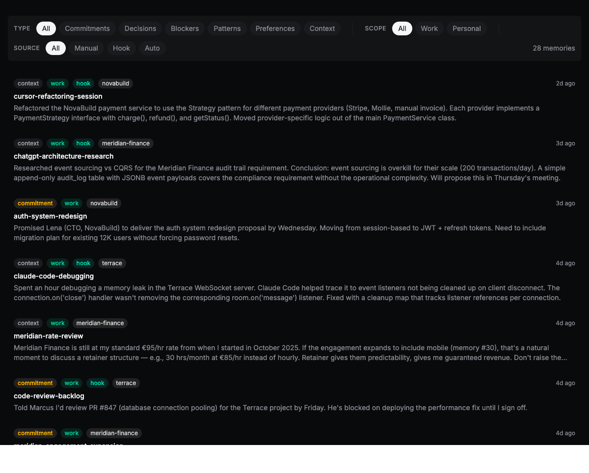 Engram command menu showing search results across memory items