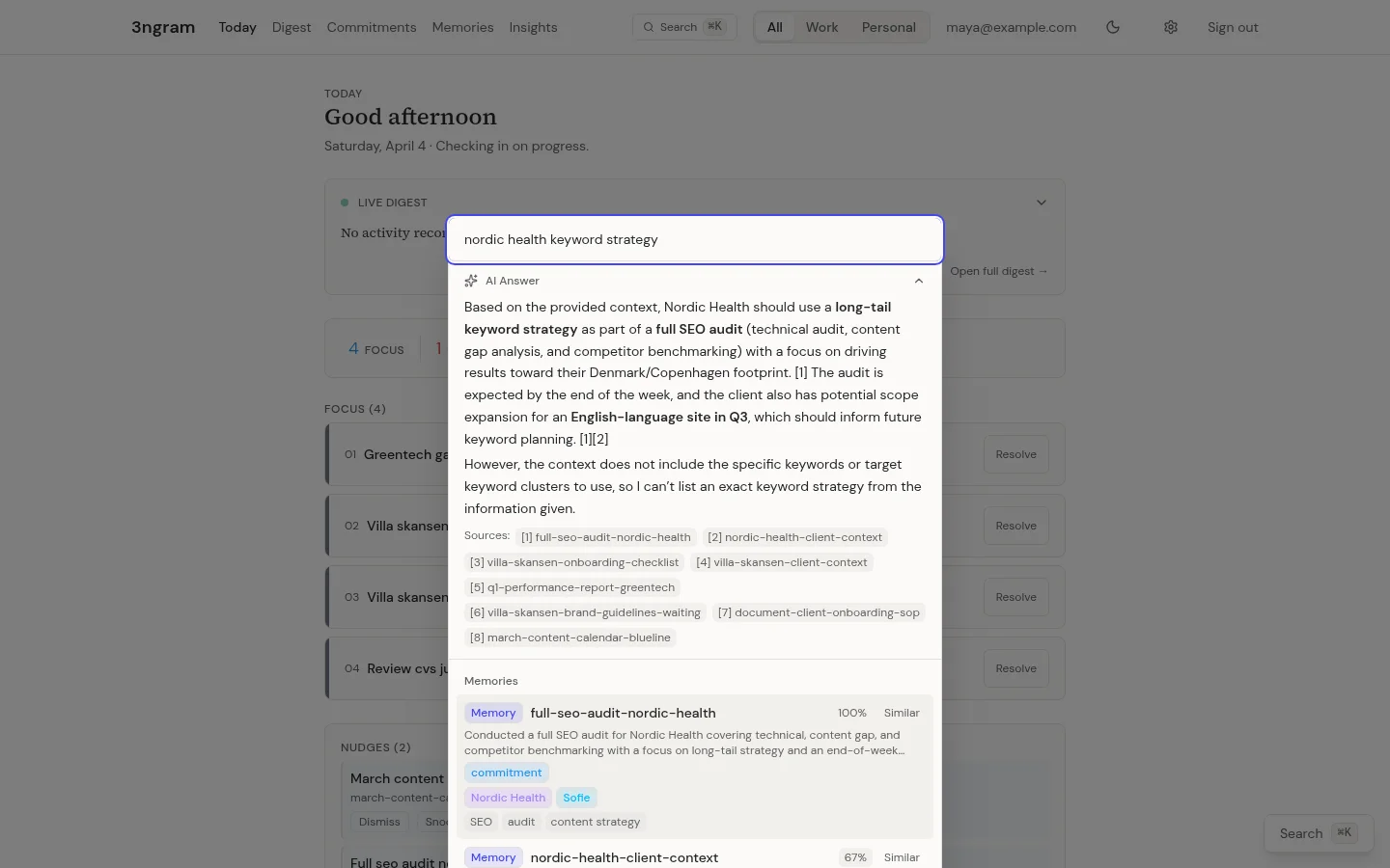 3ngram semantic search showing an AI-generated answer with cited sources and memory results ranked by similarity